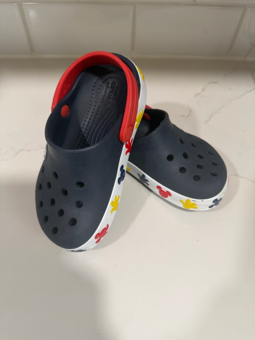 CROCS Navy Kids Clog with Red Strap and Multicolor Mickey Trim